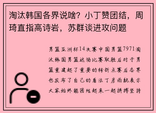淘汰韩国各界说啥？小丁赞团结，周琦直指高诗岩，苏群谈进攻问题